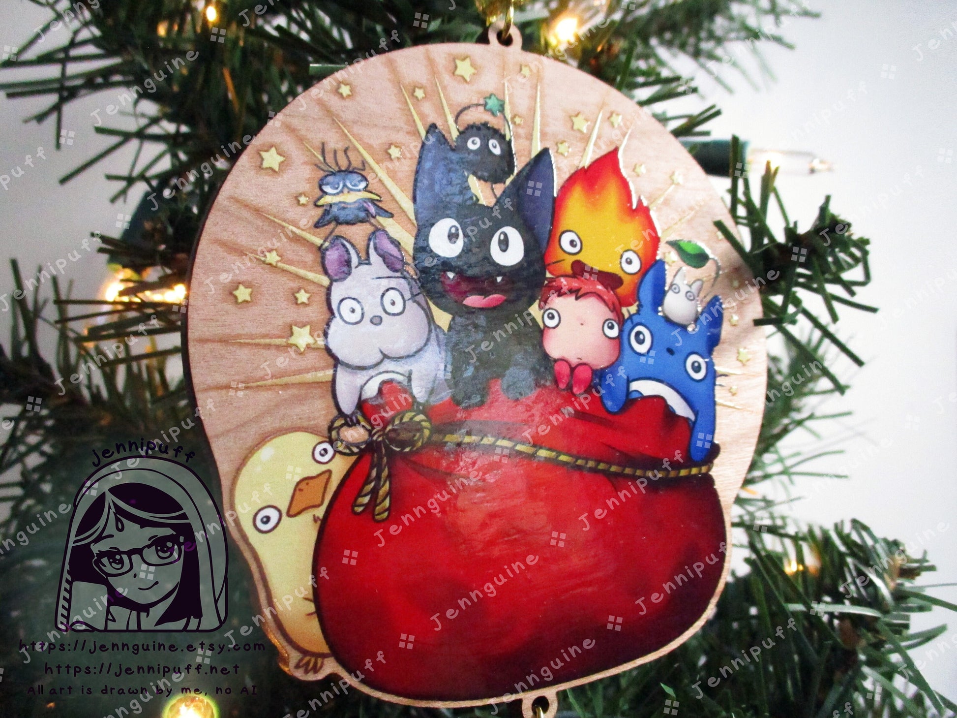 Ghiblí Wooden Christmas Ornament | Comes with 4x6in Print | Jijí, Totoró, Calcífer, Spírited Áway, Ponyó, Holiday Ornament Decoration Gift