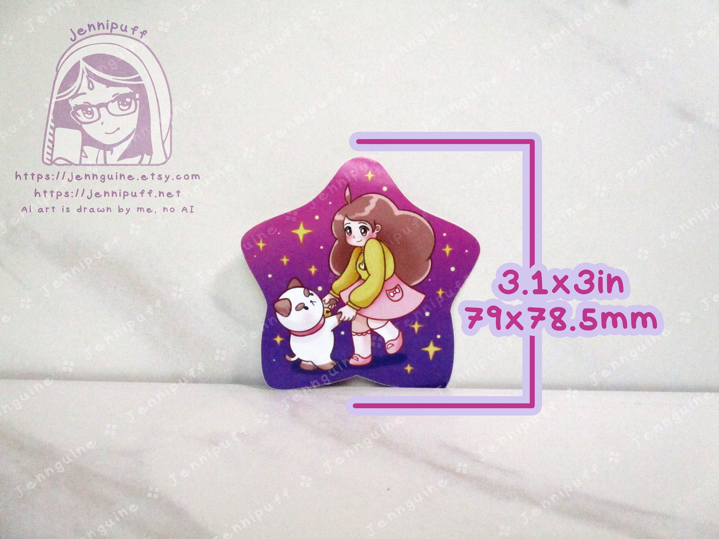 Bee and Puppycat Dancing Together 3in Die-Cut Vinyl Sticker Cute Kawaii Pink Purple Stars Decal 3x3in Star-Shaped