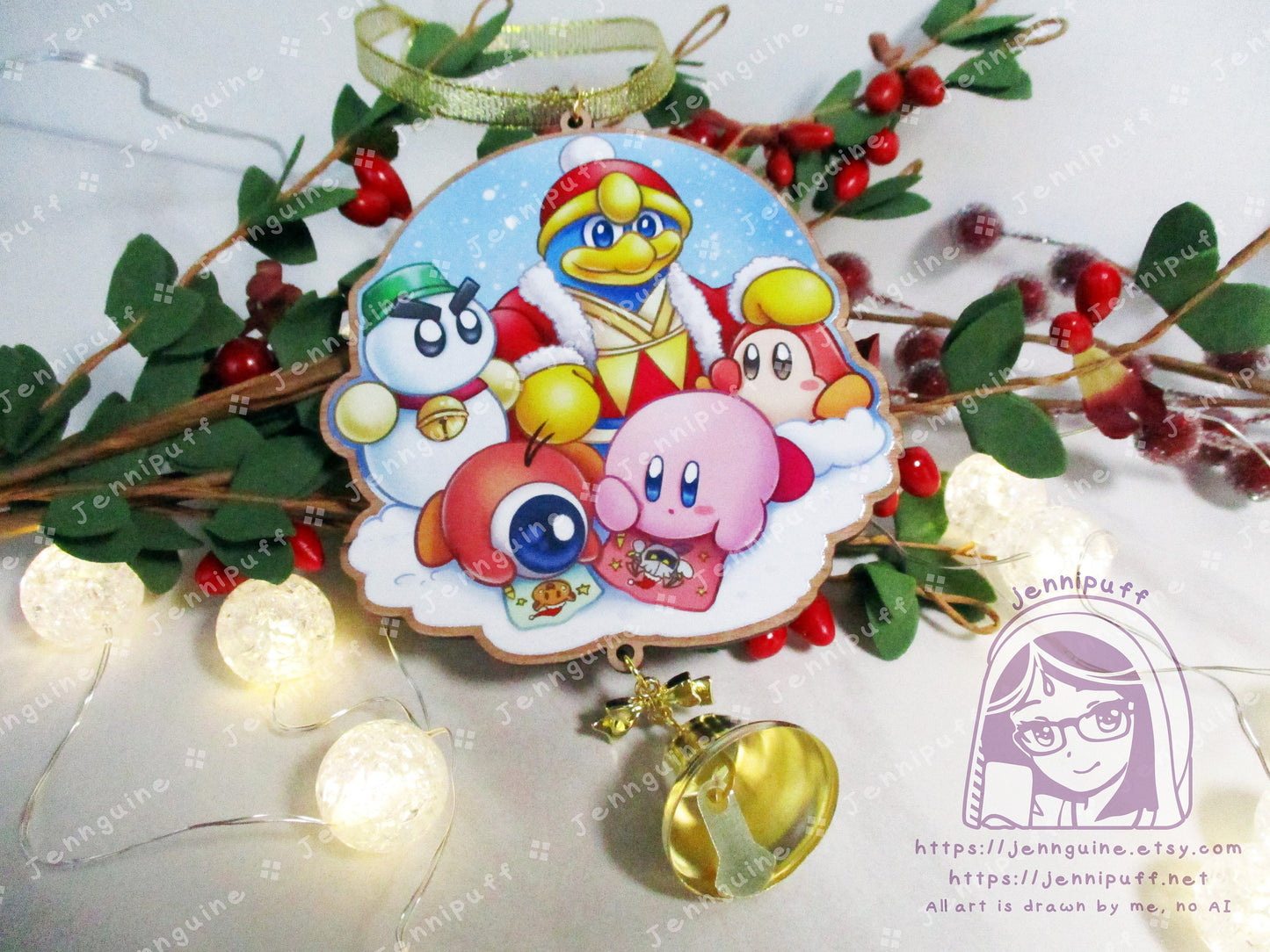 Kirby Wooden Christmas Ornament | Comes with 4x6in Print | Kirby, WaddleDoo, WaddleDee, Chilly, King Dedede Holiday Ornament Decoration Gift